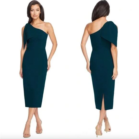 NEW $198 Dress The Population Tiffany One Shoulder Bow Pine Green Cocktail Dress - Picture 3 of 7